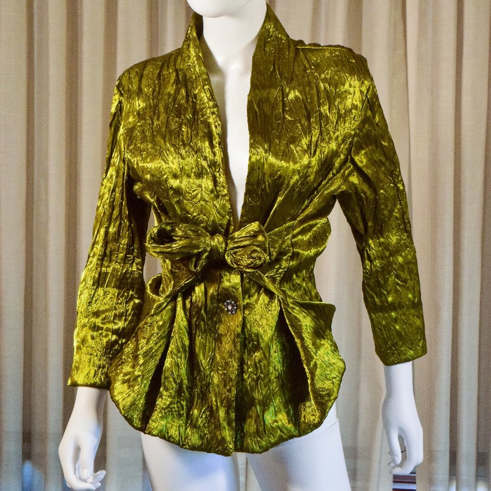 Metalic Green Coat with Bow Tie in Front